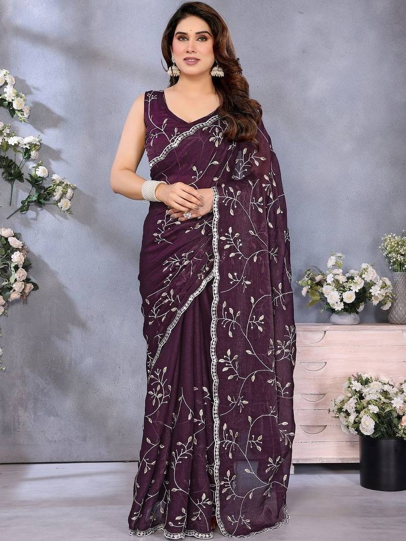 purple floral printed embroidered border satin saree with matching blouse
