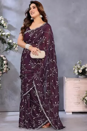 purple floral printed embroidered border satin saree with matching blouse