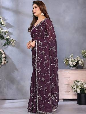 purple floral printed embroidered border satin saree with matching blouse 3