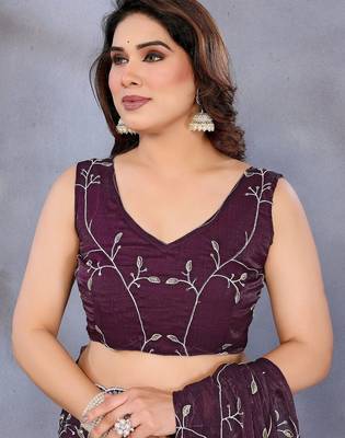 purple floral printed embroidered border satin saree with matching blouse 4