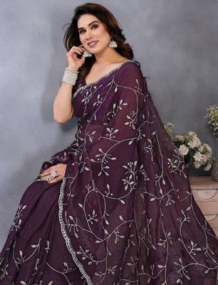 purple floral printed embroidered border satin saree with matching blouse 5
