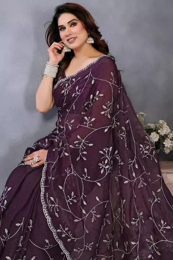purple floral printed embroidered border satin saree with matching blouse