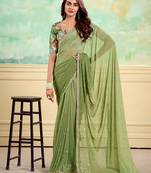 green embellished saree with unstitched blouse piece