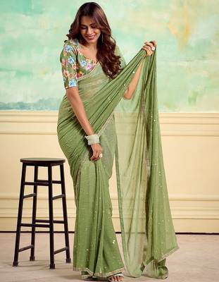 green embellished saree with unstitched blouse piece 2