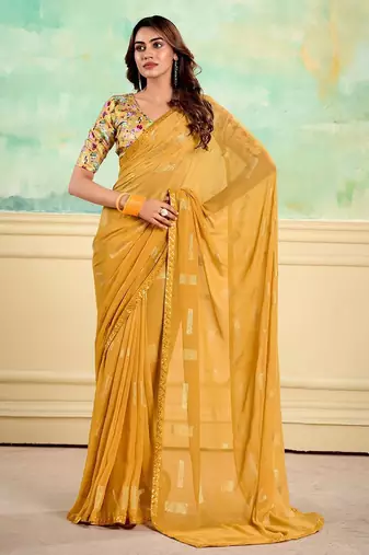 Yellow embellished saree with embellished border