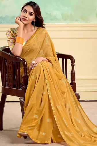 Yellow embellished saree with embellished border