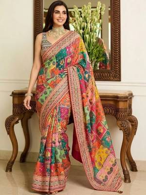 Multicolor ethnic motifs embroidered pure chiffon saree 1