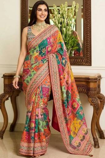 Multicolor ethnic motifs embroidered pure chiffon saree