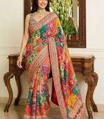 Multicolor ethnic motifs embroidered pure chiffon saree