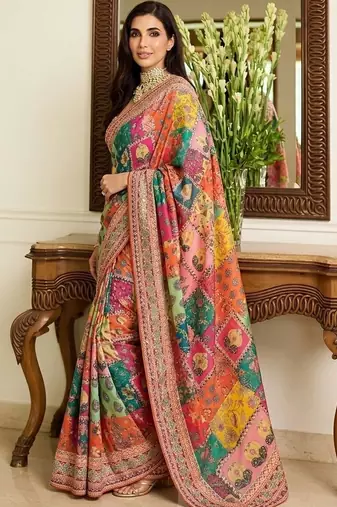 Multicolor ethnic motifs embroidered pure chiffon saree