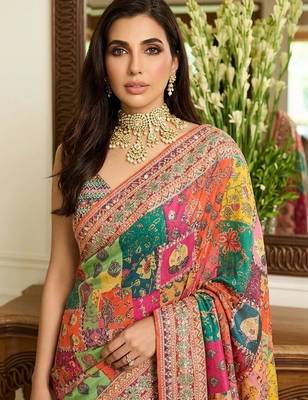 Multicolor ethnic motifs embroidered pure chiffon saree 3