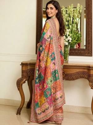 Multicolor ethnic motifs embroidered pure chiffon saree 4