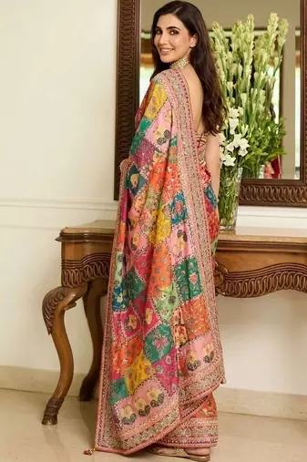 Multicolor ethnic motifs embroidered pure chiffon saree