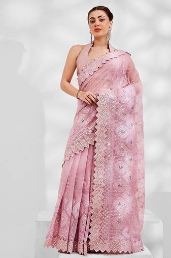 Pink pink embellished sequinned pure georgette saree