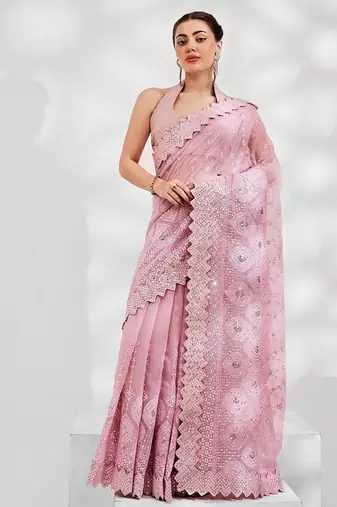 Pink pink embellished sequinned pure georgette saree