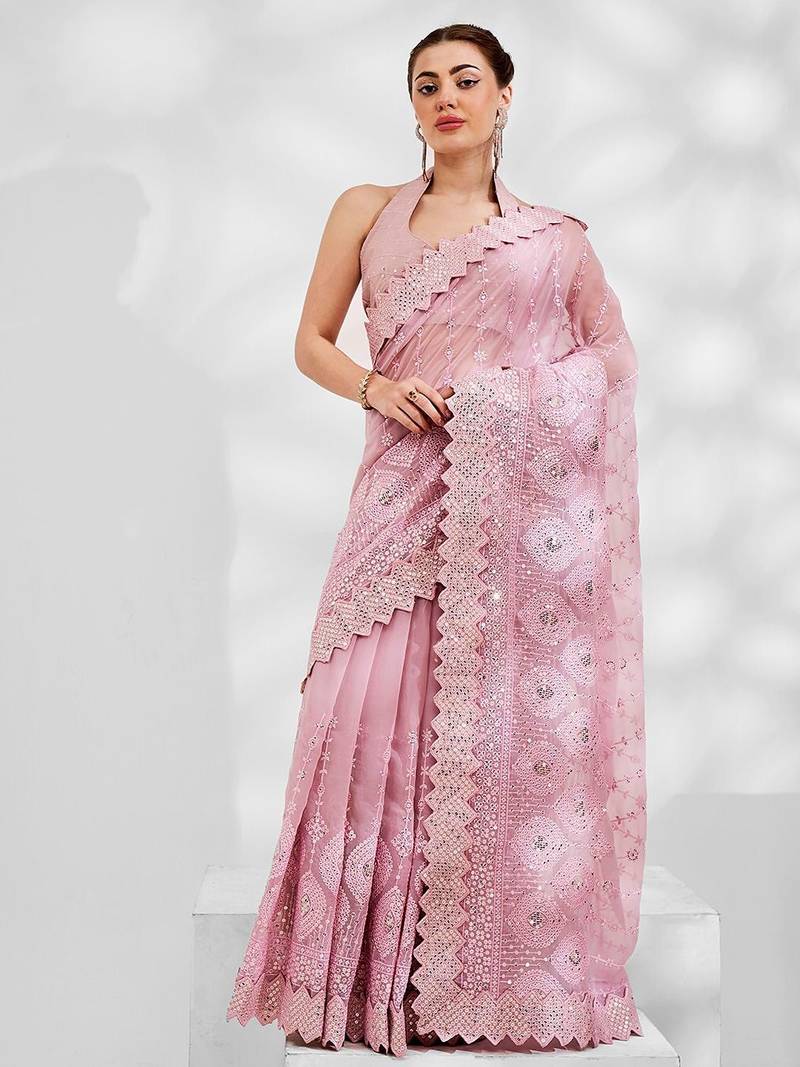 Pink pink embellished sequinned pure georgette saree