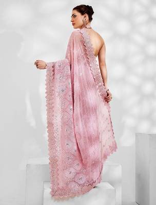 Pink pink embellished sequinned pure georgette saree 3