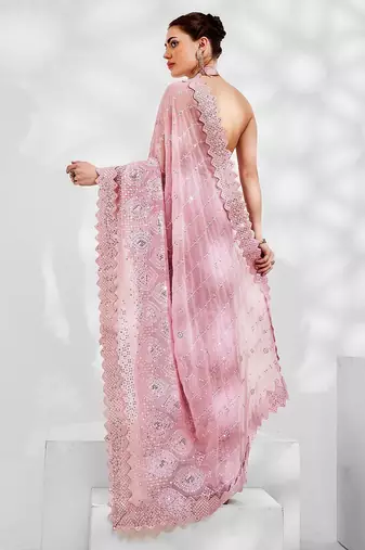 Pink pink embellished sequinned pure georgette saree