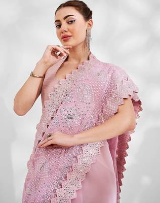 Pink pink embellished sequinned pure georgette saree 4