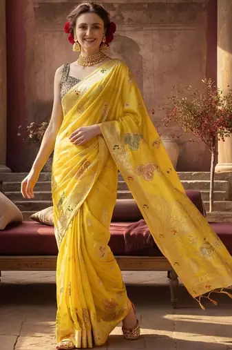 yellow woven design zari silk blend designer banarasi saree
