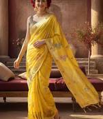 yellow woven design zari silk blend designer banarasi saree
