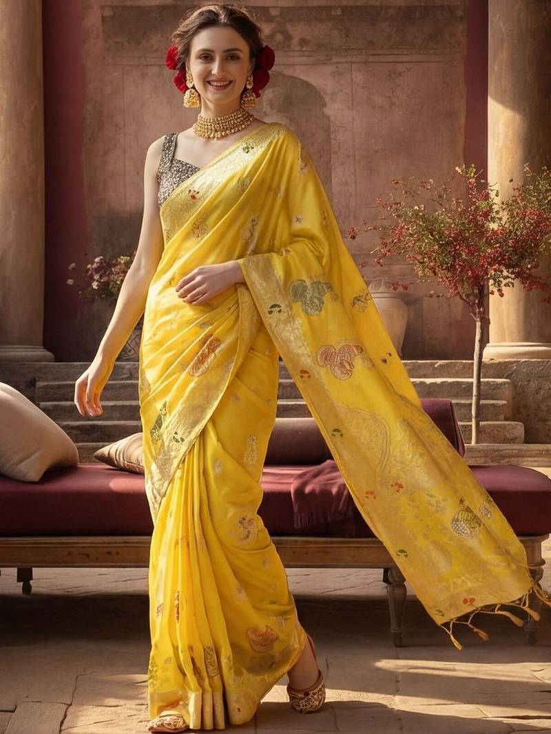 yellow woven design zari silk blend designer banarasi saree