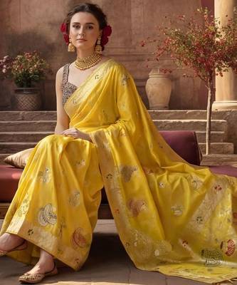 yellow woven design zari silk blend designer banarasi saree 2