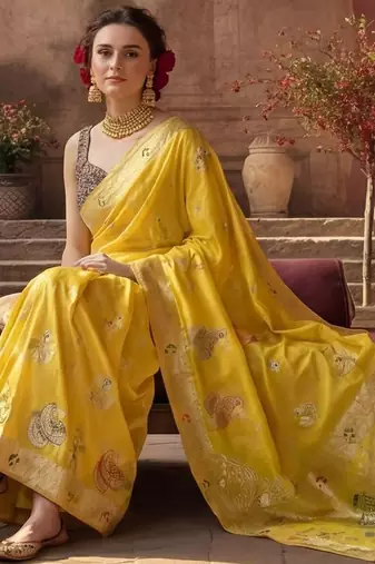 yellow woven design zari silk blend designer banarasi saree