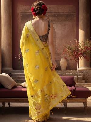 yellow woven design zari silk blend designer banarasi saree 3