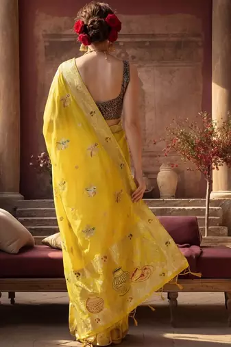 yellow woven design zari silk blend designer banarasi saree