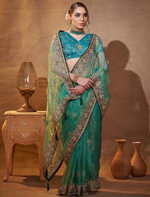turquoise ethnic motifs embroidered tissue saree with unstitched blouse piece 4