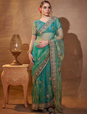 turquoise ethnic motifs embroidered tissue saree with unstitched blouse piece 5