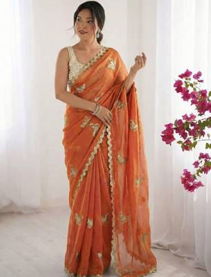 orange embellished embroidered satin designer saree 1