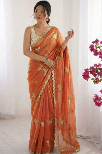 orange embellished embroidered satin designer saree