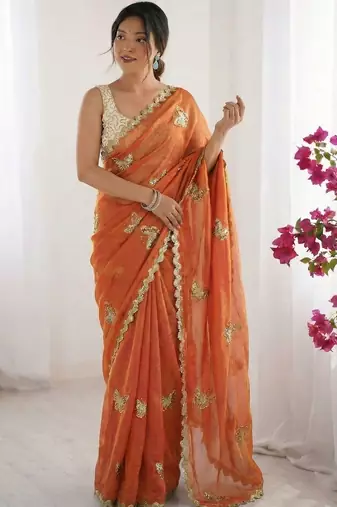 orange embellished embroidered satin designer saree