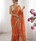 orange embellished embroidered satin designer saree