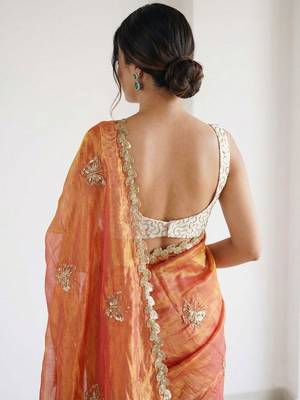 orange embellished embroidered satin designer saree 2