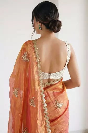 orange embellished embroidered satin designer saree