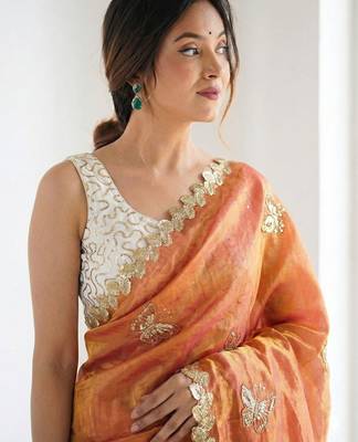 orange embellished embroidered satin designer saree 3