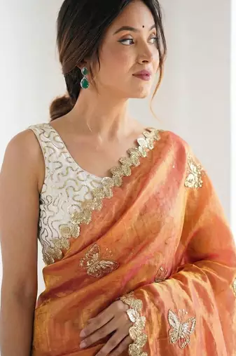 orange embellished embroidered satin designer saree