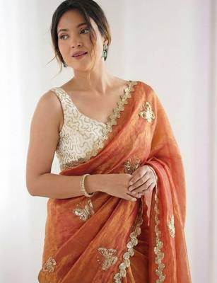 orange embellished embroidered satin designer saree 4