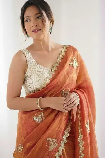 orange embellished embroidered satin designer saree