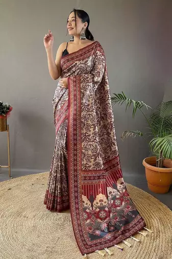 Beige floral printed saree