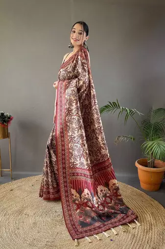 Beige floral printed saree