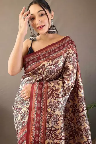 Beige floral printed saree