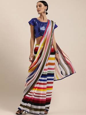white striped pure georgette saree 1