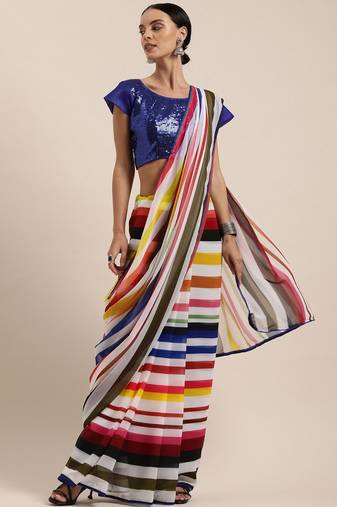 white striped pure georgette saree