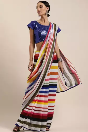 white striped pure georgette saree