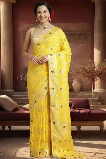 yellow woven design zari silk blend designer banarasi saree