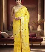 yellow woven design zari silk blend designer banarasi saree